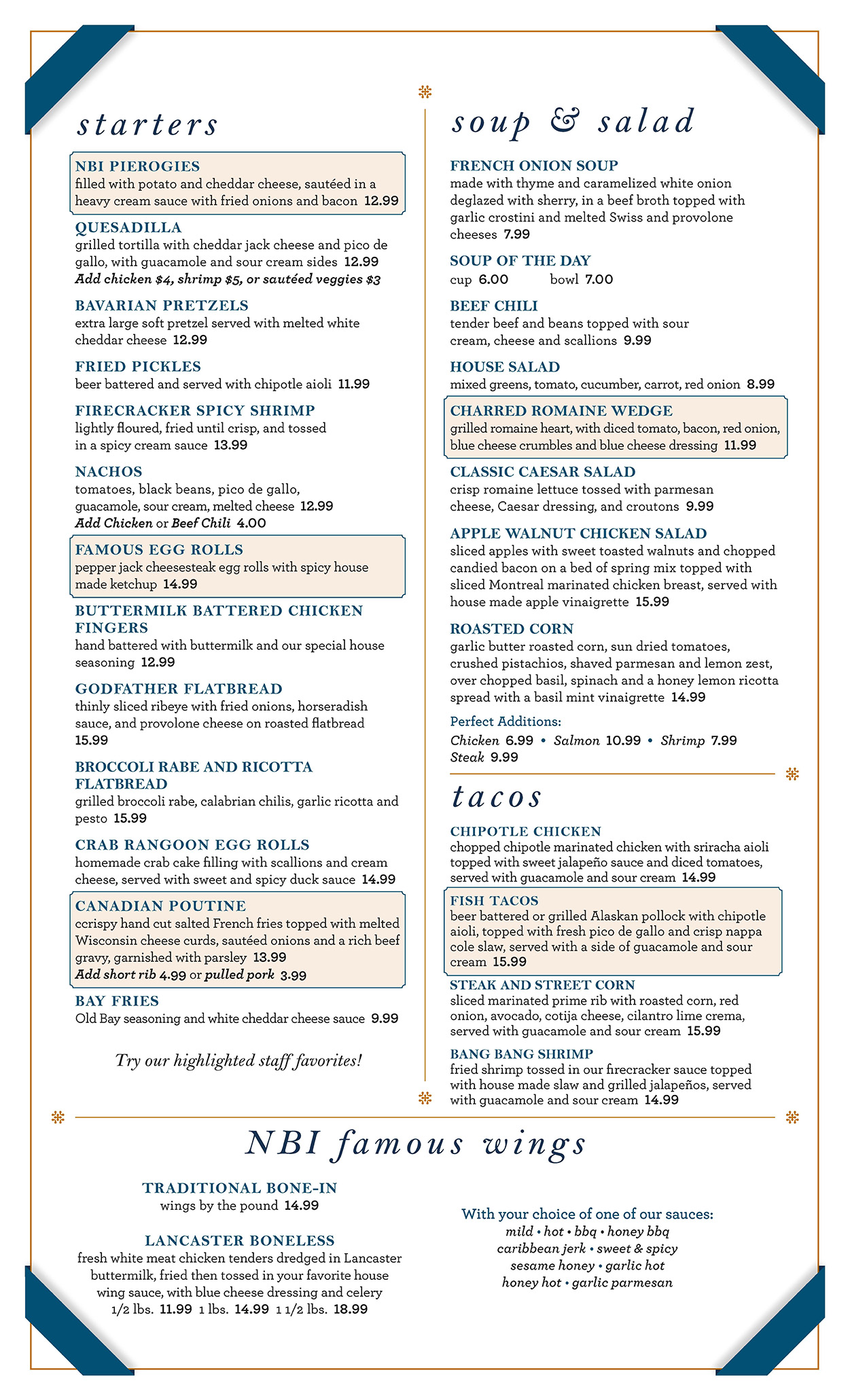 Menu page featuring a list of starters, soups, and salads with descriptions and prices in a formal layout.