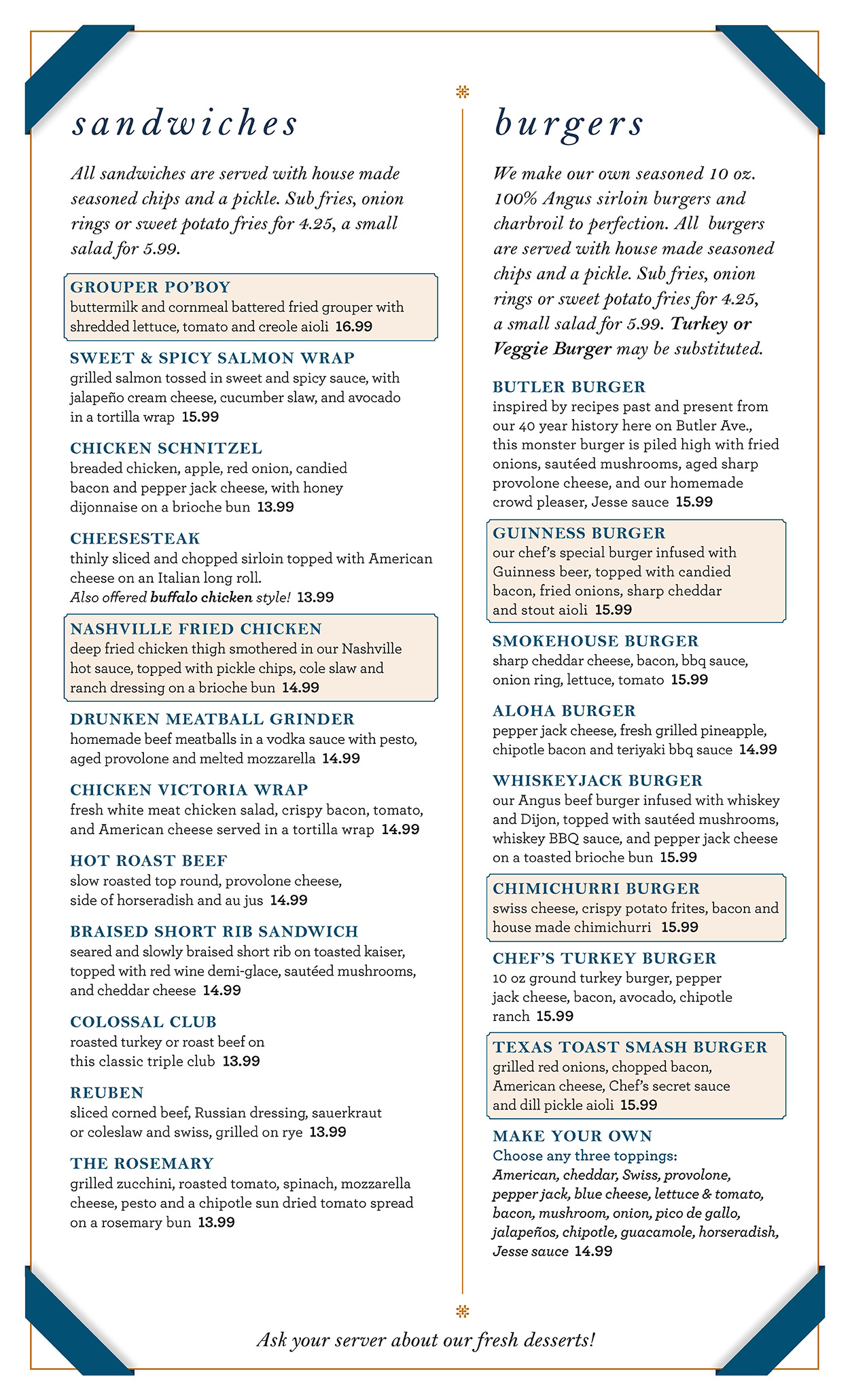 A menu listing various dishes like sandwiches, burgers, and desserts with prices, descriptions, and a blue border.