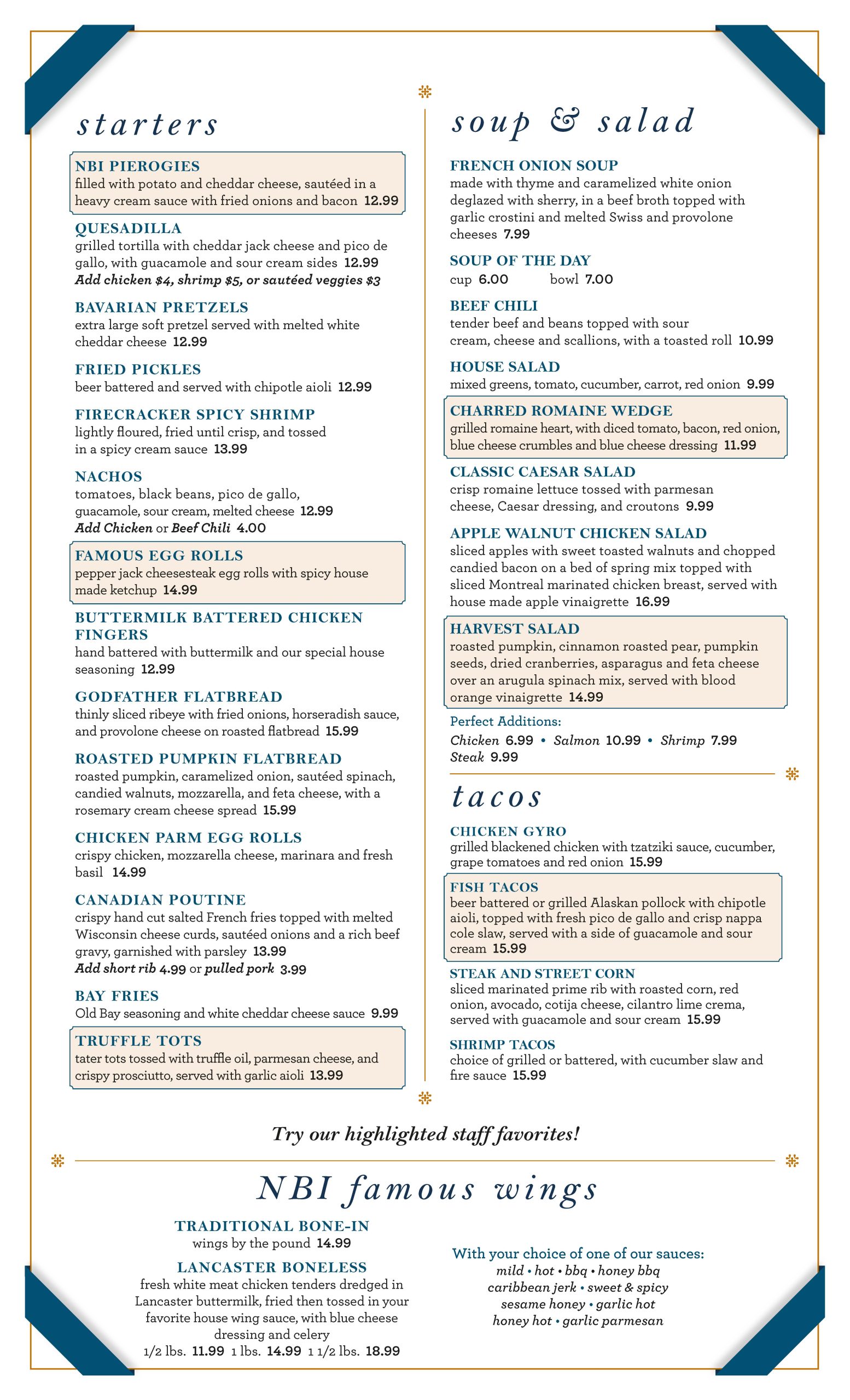 Menu featuring starters, soup & salad, and famous wings with various options, prices, and descriptions for each dish.