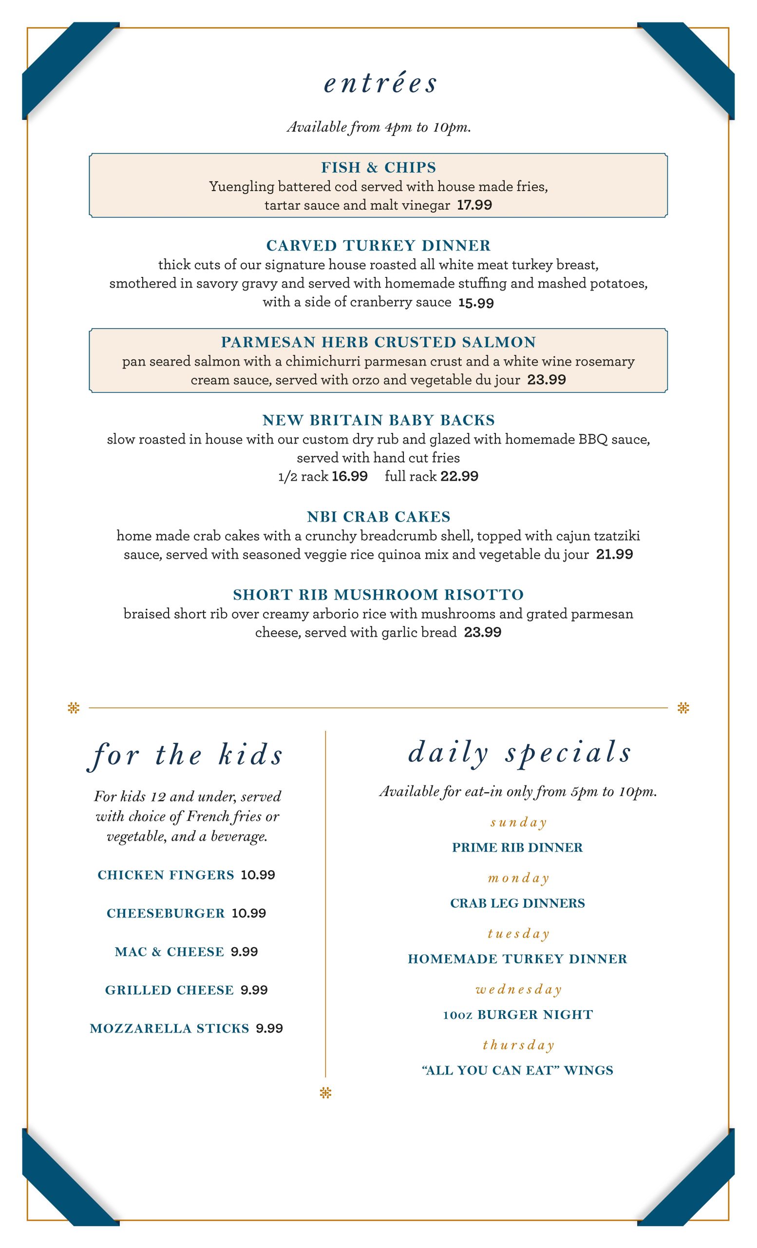 Restaurant menu featuring entrées like Fish & Chips, Turkey Dinner, and Salmon, with sections for kids and daily specials including wings and mushroom risotto.