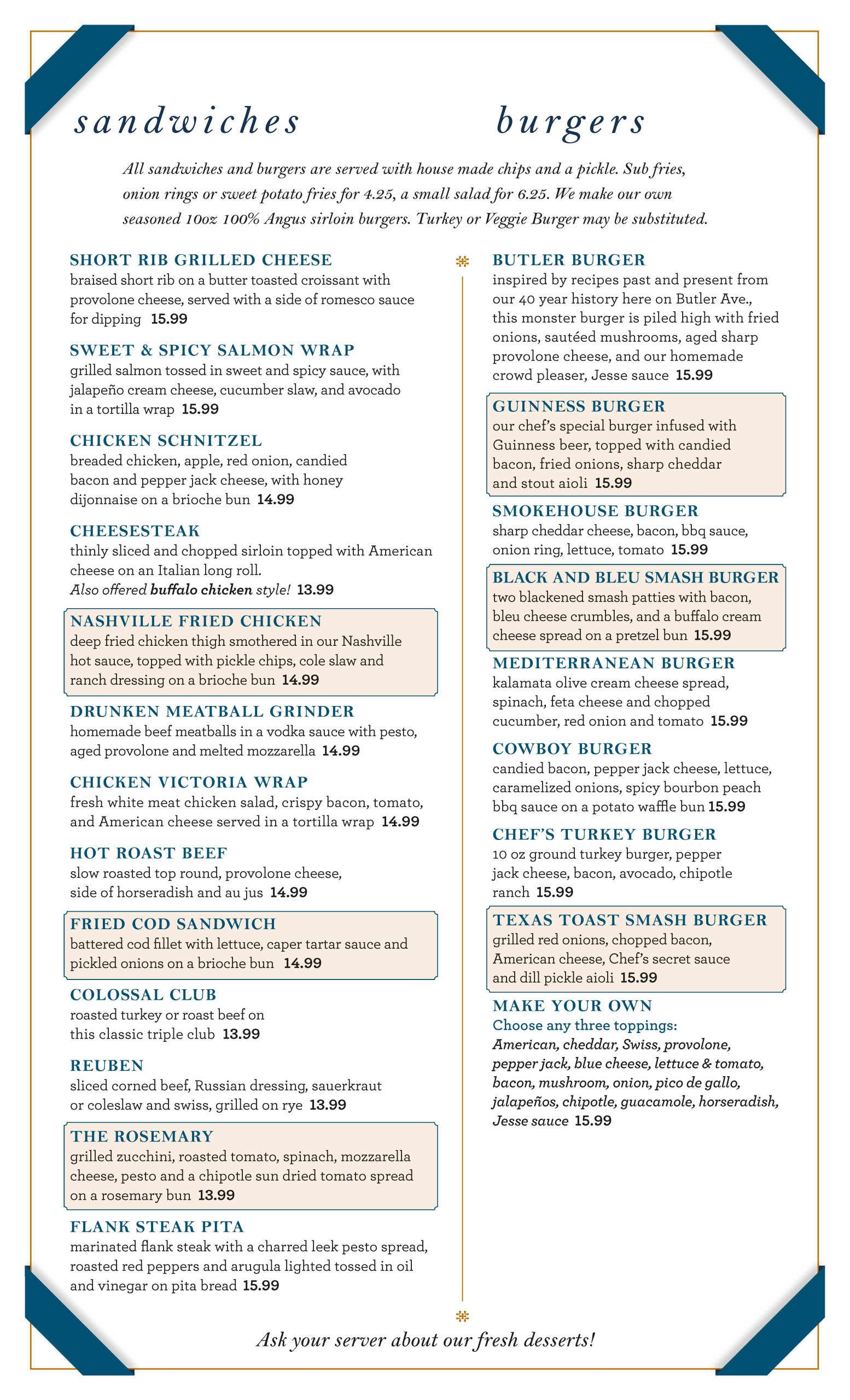 Menu page listing various sandwiches and burgers, with detailed descriptions and prices for each item, including sides and optional extras.