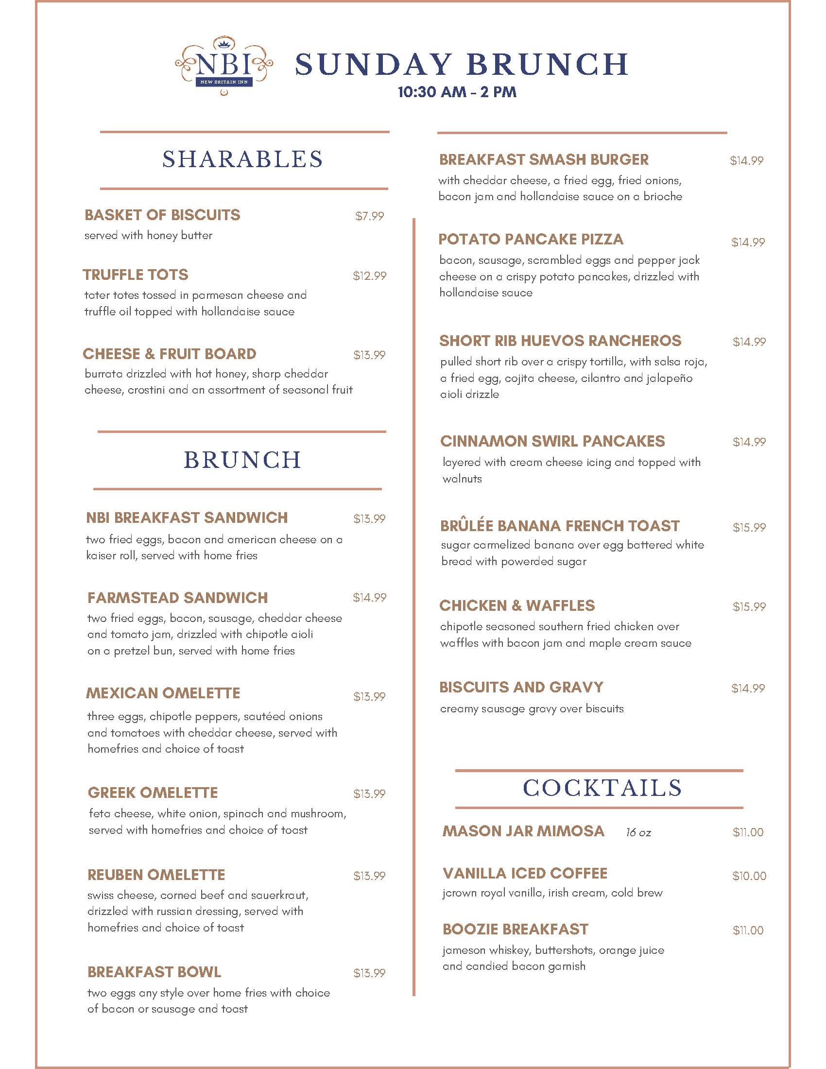 Menu for "NB Sunday Brunch," listing sharables, breakfast items, entrées, and cocktails with descriptions and prices on a white background with blue and gold accents.