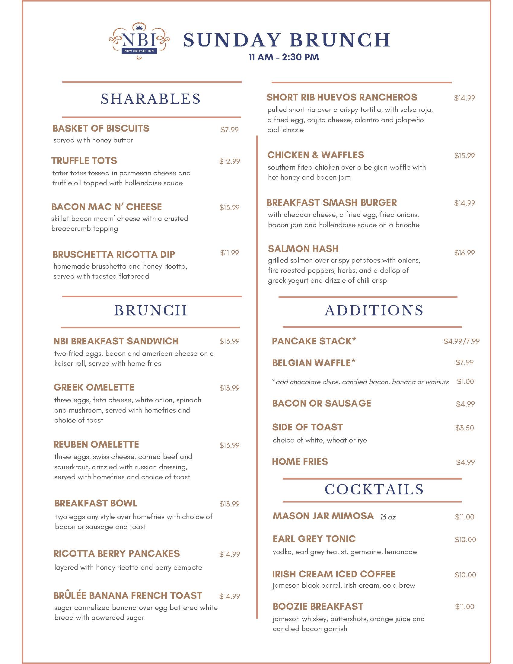 Menu displaying Sunday brunch options with sections for sharables, brunch items, additions, and cocktails. Prices range from $3.99 to $39.99. Offered from 11 AM to 2:30 PM.