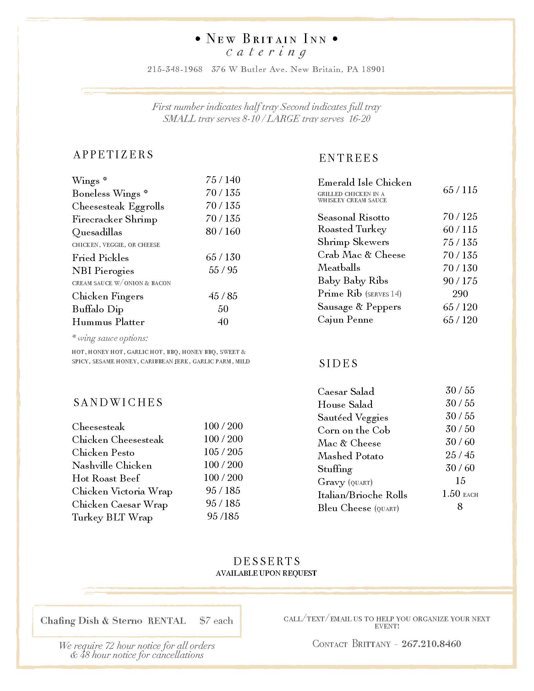 New Britain Inn catering menu listing appetizers, sandwiches, entrees, sides, and desserts with prices for small and large servings. Contact information is included at the top and bottom.