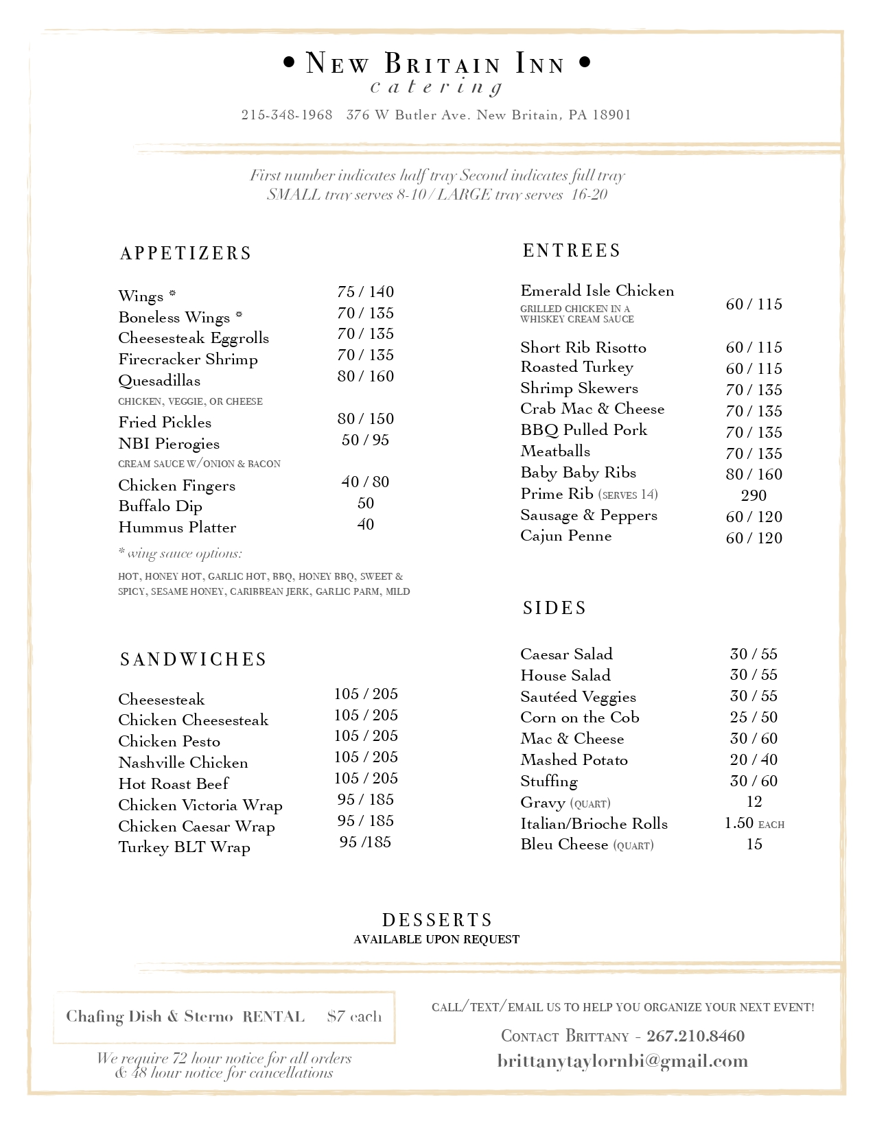 New Britain Inn catering menu listing appetizers, entrees, sandwiches, sides, and desserts with serving sizes and prices, plus contact information at the bottom.
