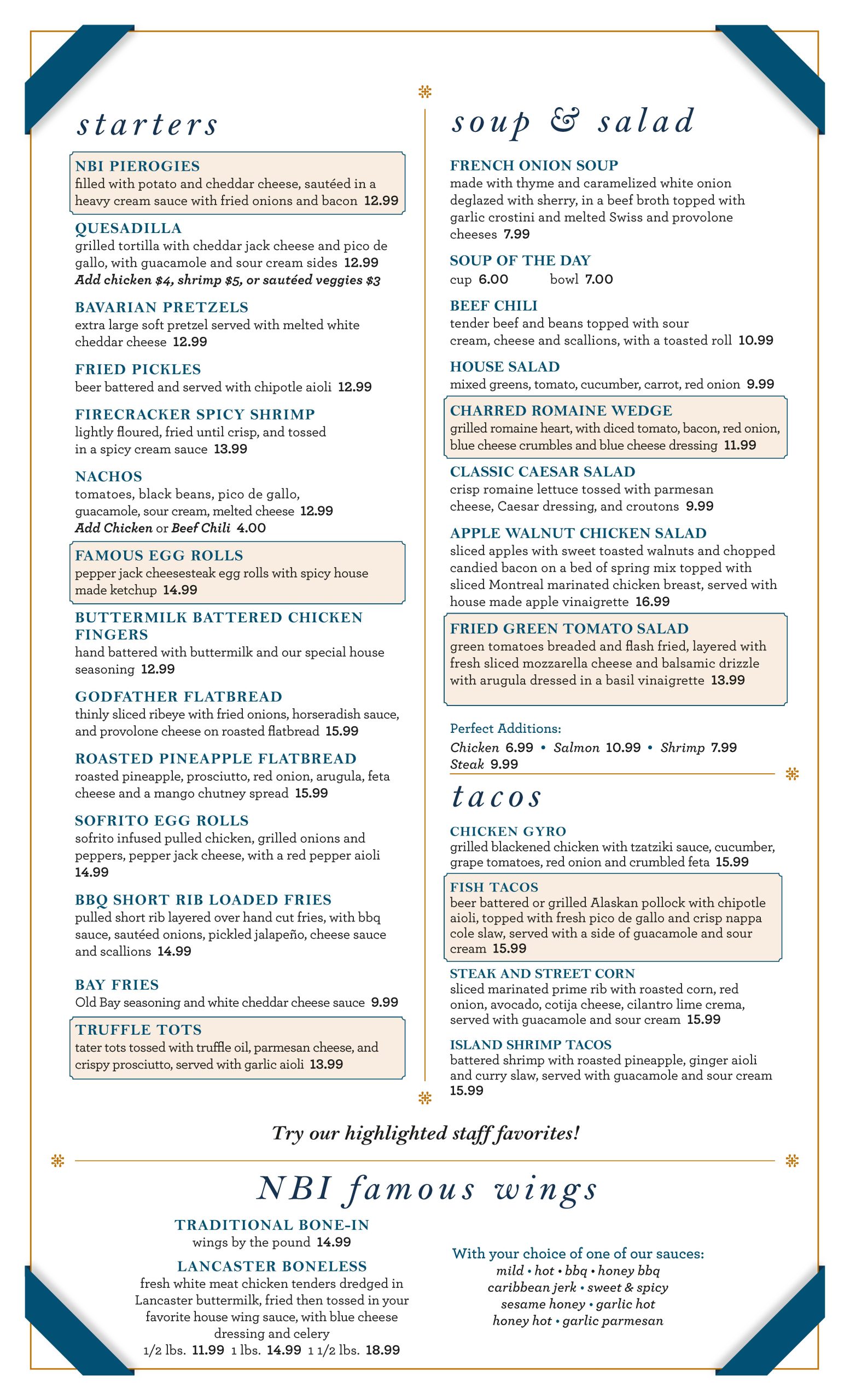 Restaurant menu featuring starters, soup & salad, and NBI famous wings, with descriptions and prices for each dish in organized sections.