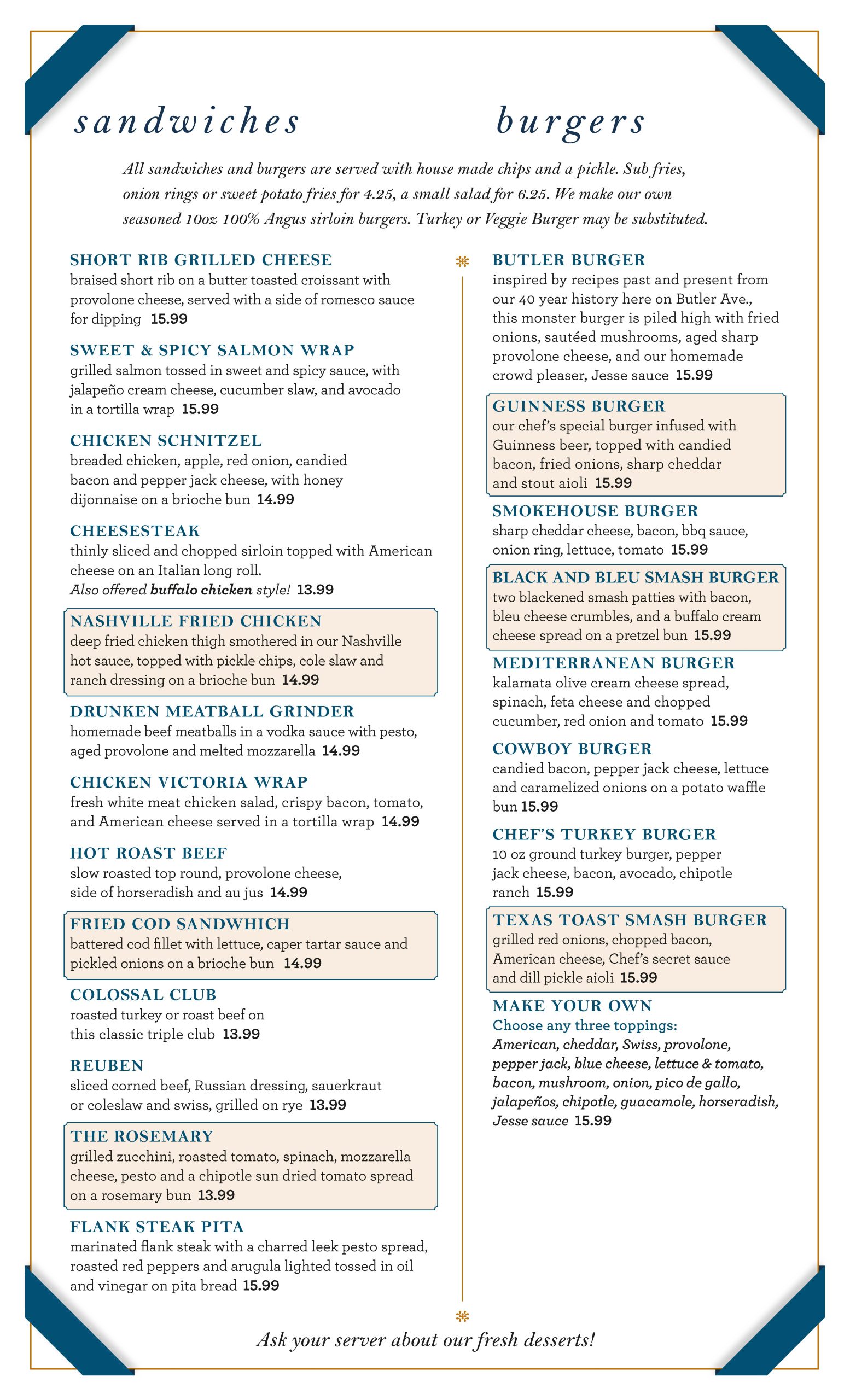 Menu page listing sandwiches and burgers, each described with ingredients and prices, with a note about house-made chips and optional upgrades. Blue borders accent the cream background.