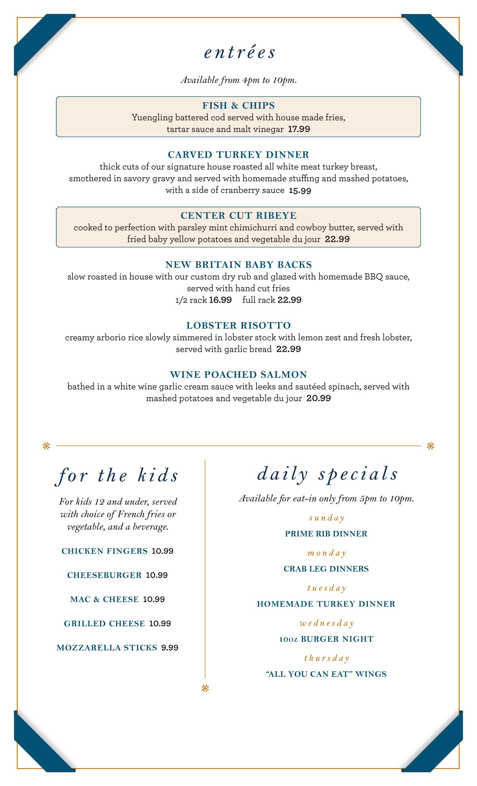 Restaurant entrée menu listing dishes like fish & chips, turkey dinner, ribeye steaks, and salmon, plus kids' meals and daily specials, all with descriptions and prices.